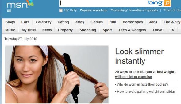 Screenshot of MSN main site, which has a link entitled "why do women hate their bodies?" next to another link, "how to avoid gaining weight on holiday"